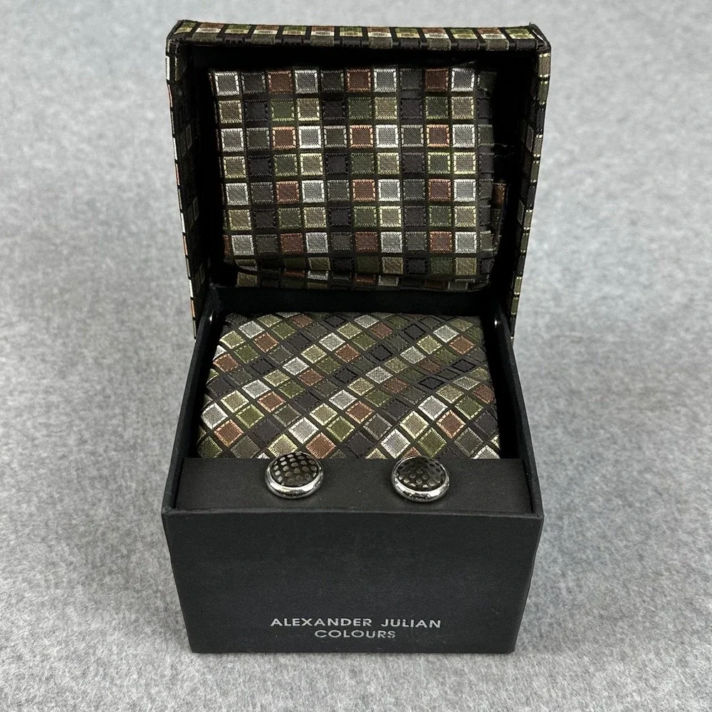 Alexander Julian Colours Tie Hanky Cufflinks Set Geometric Woven‎ Boxed 58x3.75